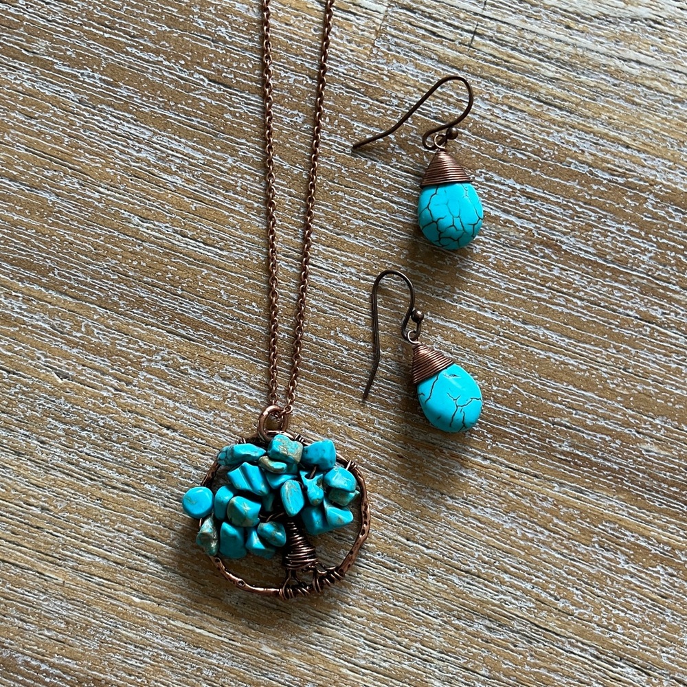 Turquoise Tree of Life Copper Necklace & Earrings Set